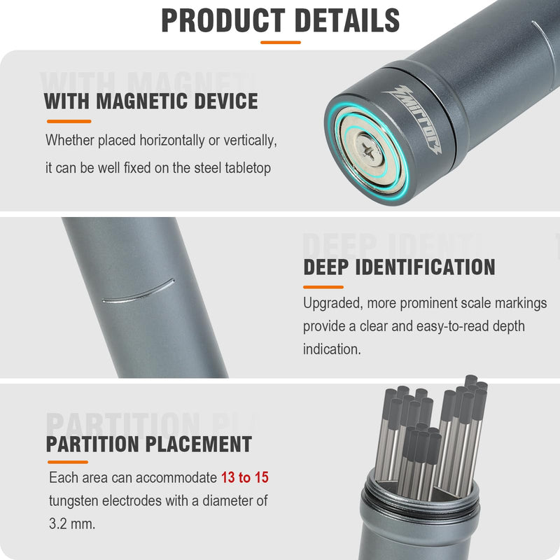 3mirrors Tungsten Holder-Titanium Gray Storage Tube for TIG Tungsten Electrode with 3 Section Divider & Magnetic Base,Protective Fit that Prevents Oxidation and Damage. Titanium Gray