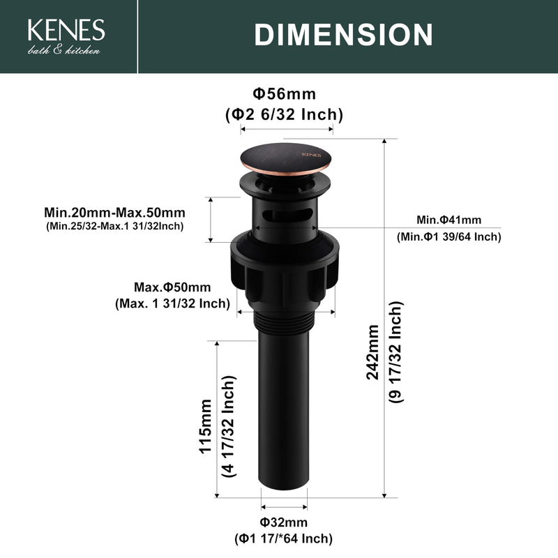 KENES Oil Rubbed Bronze Pop Up Sink Drain, Bathroom Vessel Lavatory Vanity Faucet Sink Drain Stopper, Sink Drain Assembly with Overflow Anti Clog Pop Up Drain Oil-rubbed Bronze