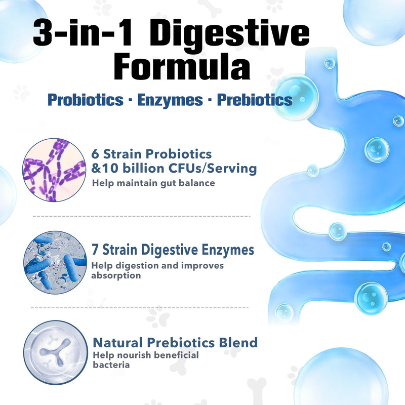 Probiotics for Dogs Supports Digestive Health, Natural Probiotic Supplement with Digestive Enzymes and Prebiotic, Probiotic Chews for Dogs Gut Health, Relieve Diarrhea, Itchy Skin, Enhance Immunity