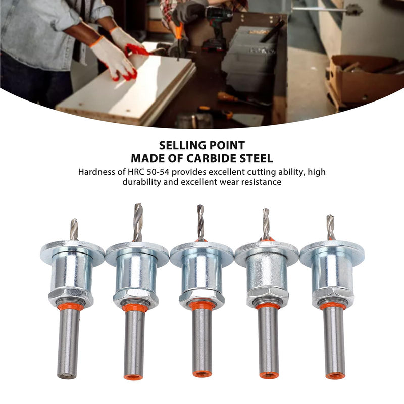 Countersink Drill Bit Set, Adjustable Depth Stop Alloy Steel Excellent Cutting Capability Prevents Clogging Multiple Uses 5 Piece Set
