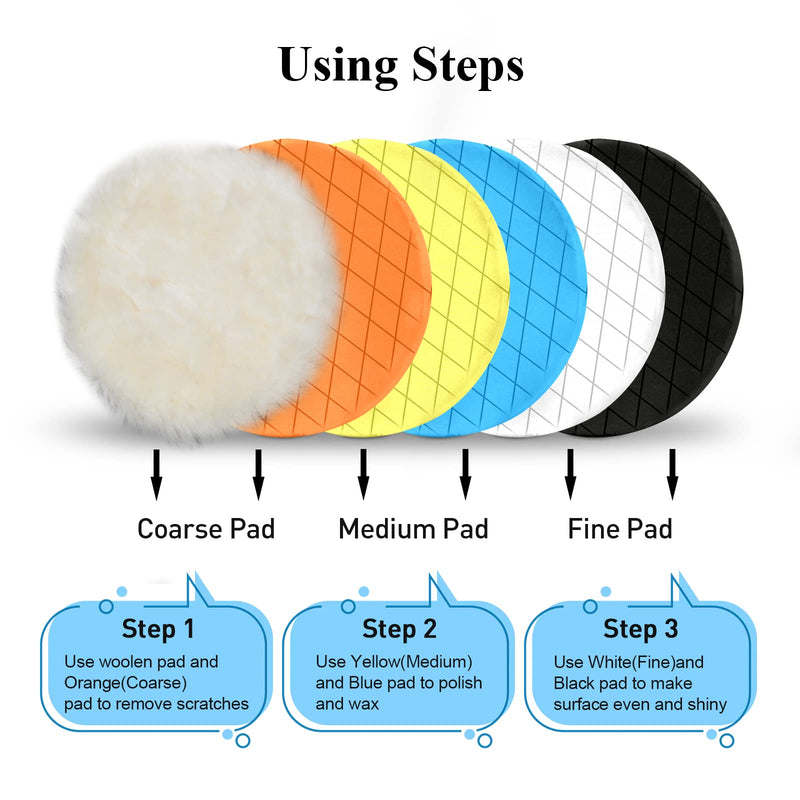 Autolock 7" Buffing Polishing Pads, 6 Pcs 7 Inch 180mm Face for 6.7 Inch Backing Plate, Compound Buffing Sponge and Woolen Pads, Cutting Polishing Pad Kit for Car Buffer Compounding, Polish and Wax 7Inch 6Pcs