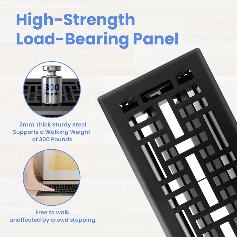 4x10 Inches Heavy Duty Walkable Floor Register Easy Adjust Air Supply Lever Floor Vents - Seattle Design - Vent Cover for Home Floor - Matte Black 4x10 Inches