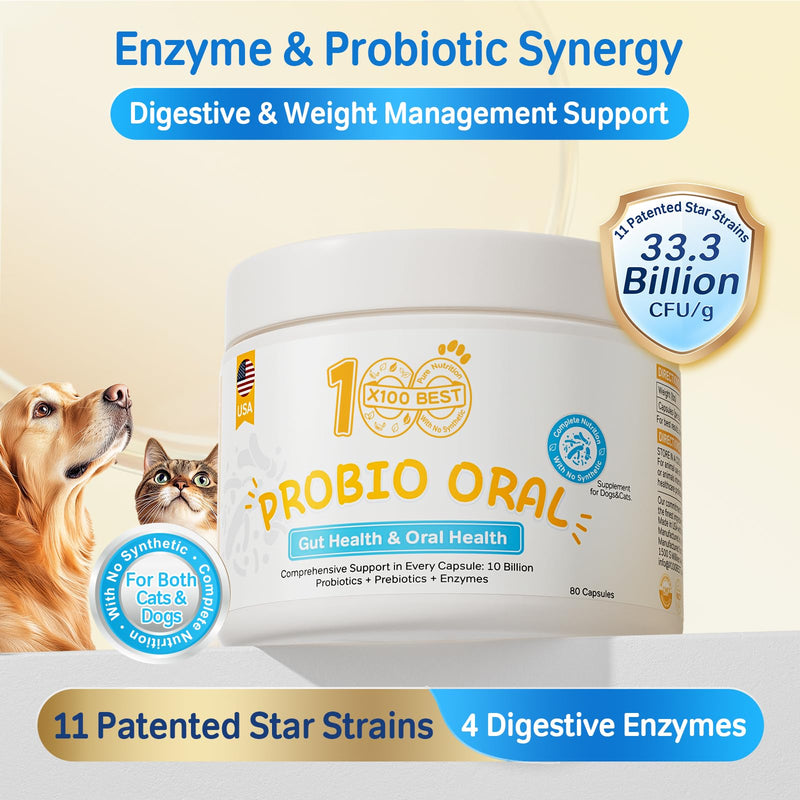 Oral Care Probiotics for Dogs – 33.3B CFU with Digestive Enzymes – Bad Breath Remedy, Gut Health, Immunity – 11 Patented Strains & Organic Prebiotics – for Cats (80 Capsules)