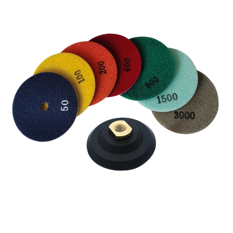 4 Inch Wet Dry Diamond Polishing Pads Set with 5/8-11 Rubber Backer Pads for Marble Quartz Stone Countertop Granite Concrete Polishing 7 pcs 50-3000 Grit Resin