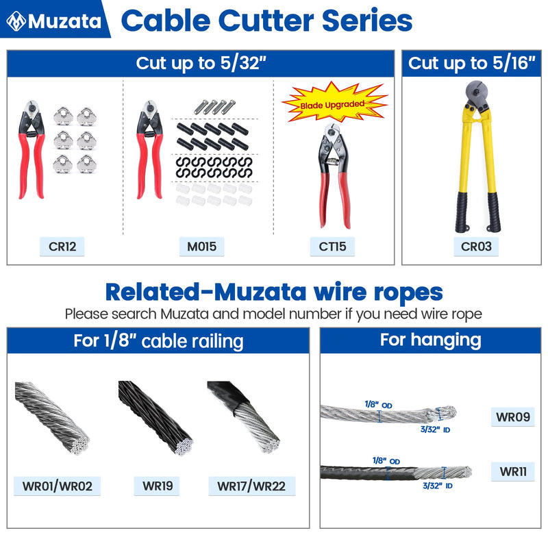 Muzata Cable Cutter Wire Rope Cutter Heavy Duty Stainless Steel Aircraft 1/8" 5/32" for Deck Railing Bike Housing Metal Fence CR12 1PACK