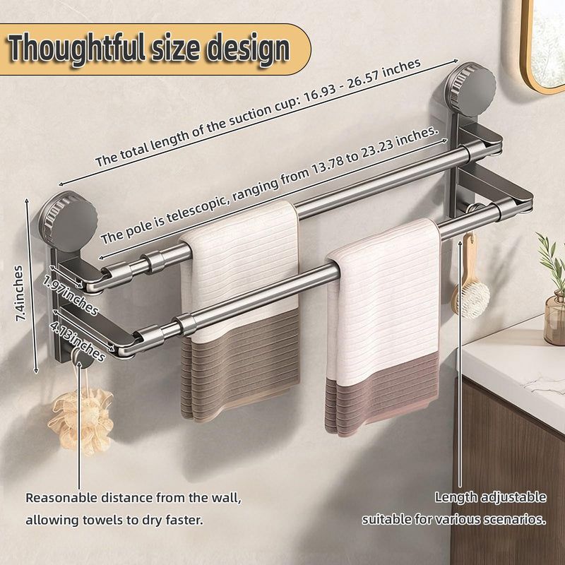 Adjustable Suction Cup Towel Rack for Corner & Right Angle Spaces, No Drilling Bathroom Towel Bar with Vacuum Suction, Rustproof Stainless Steel (Two Adjustable rods（13.8-23.2inches）) Two adjustable rods（13.8-23.2inches）
