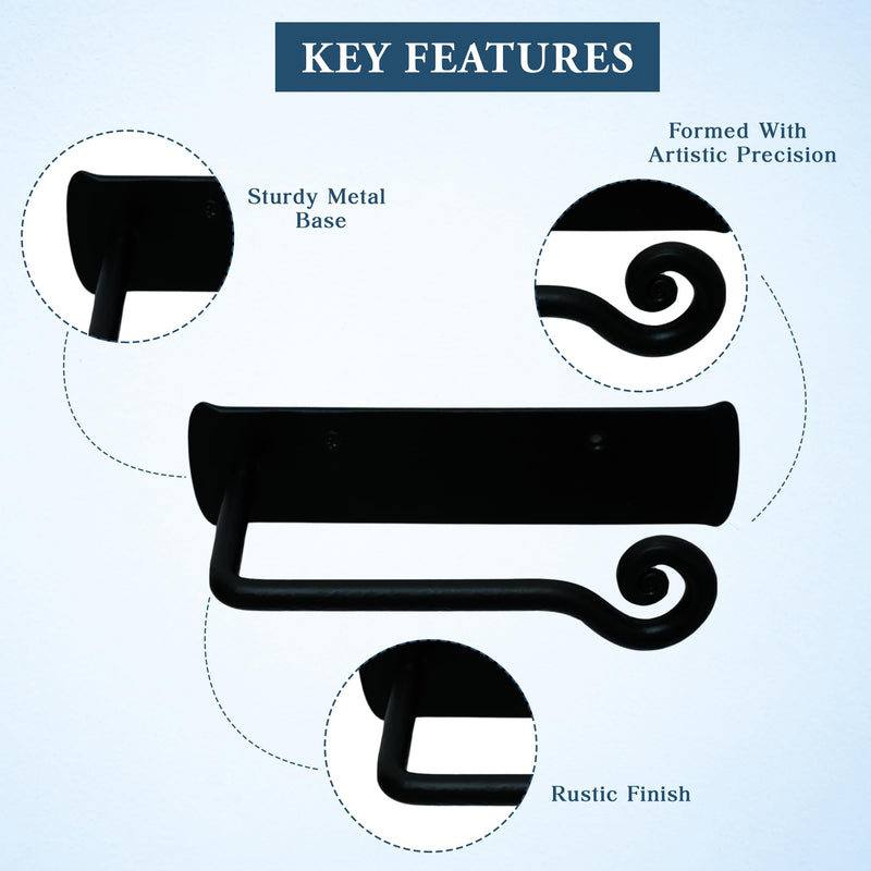 The Metal Magician Handmade Iron Wall Mount Toilet Paper Holder - Durable & Aesthetic Toilet Paper Roll Holder for Bathroom - Modern Farmhouse Bathroom Decor - (Elegant Swirl) - (Black) Elegant Swirl