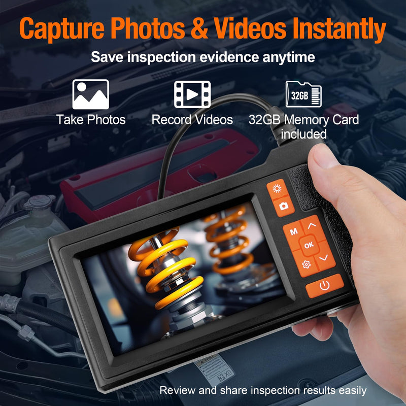 Borescope Camera with Light, 4.3" IPS Screen Endoscope, No Phone No App Inspection Camera with Light, 16.4ft Semi-Rigid Cable, 8LED Industrial Endoscope with 32GB Card for Auto, Pipe & Home Inspection