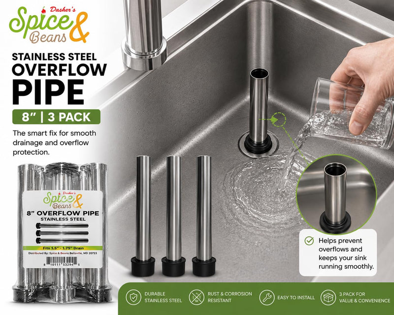 Stainless Steel Bar Sink Overflow Pipe 8 Inch | 3 Pack | 1.5 Inch Drain Diameter | Sink Overflow Drain Pipe | Bar Sink Drain Replacement & Overflow Repair | Dasher's Spice & Beans