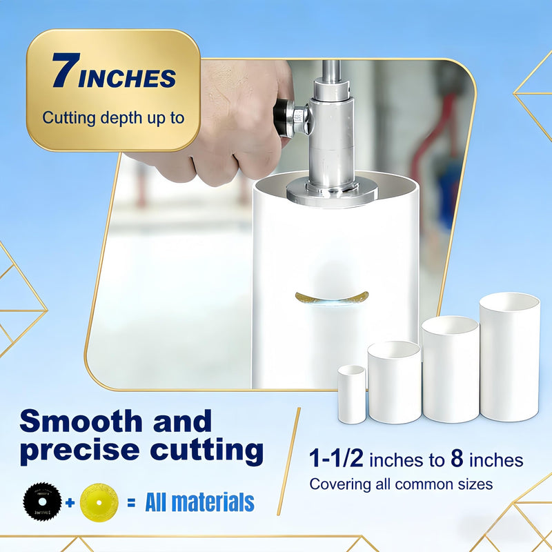 Inside PVC Pipe Cutter, 7" Adjustable Cutting Depth for 1-1/2" to 8" Pipes, w/6 Diamond Cutting Wheels & Saw Tooth Blades & Handle, 1/4" Hex Shank Pvc Cutter Tool for Drills