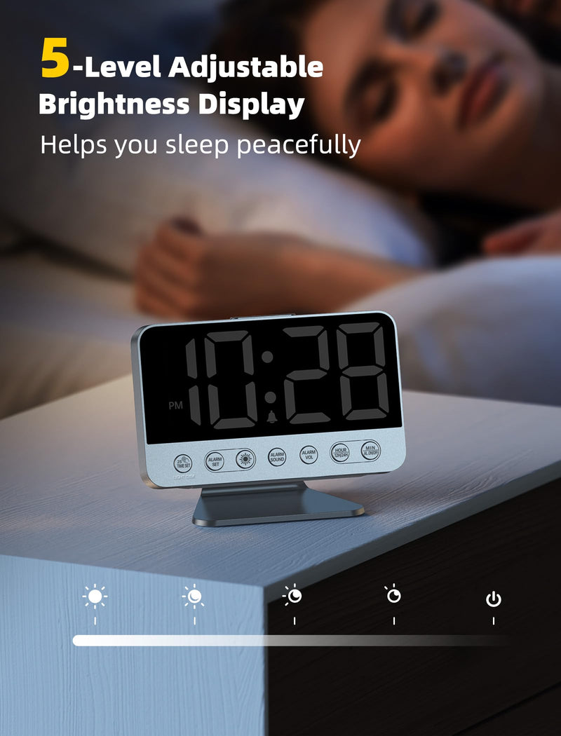 Digital Alarm Clocks for Bedrooms: Large Bold Number 5 Brightness Dimmer - Easy to Read Across The Room - 5 Alarm Sound 8 Night Light - Silver Silver - White Digits