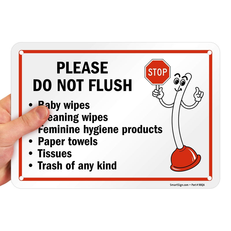 SmartSign 7" x 10" 'Please Do Not Flush Wipes/Feminine Hygiene Products/Paper Towels/Tissues/Trash' Bathroom Sign with Funny STOP Symbol, 55 mil HDPE Plastic, Red/Black/White, USA-Made 7" x 10" - Plastic