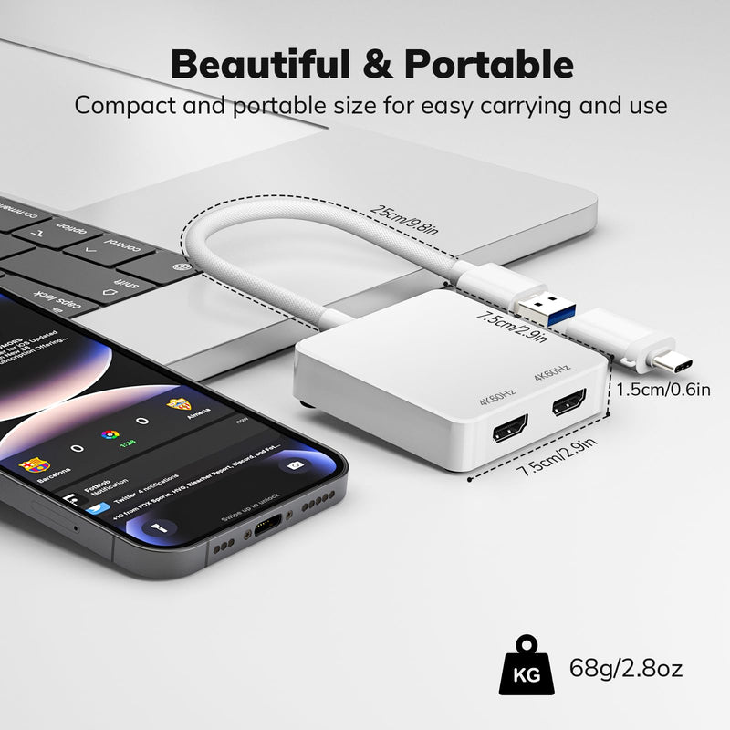 USB C to Dual HDMI Adapter 4K 60Hz - DisplayLink DL6950 Extend/Mirror to Dual Monitors for MacBook M1 M2 M3, Windows 11/10 PC, Android, Chrome OS - Thunderbolt & USB 3.0 A Compatible HDMI+HDMI