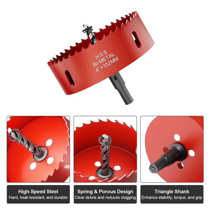 4 Inch Hole Saw - 102mm M42 HSS Bi-Metal Hole Cutter, Triangular Shank Hole Saw Drill Bit with Spring, Hole Saw Tools for Wood, Plywood, Plastic, Gypsum Board, Various Thin Metal Sheets 4"(102mm)
