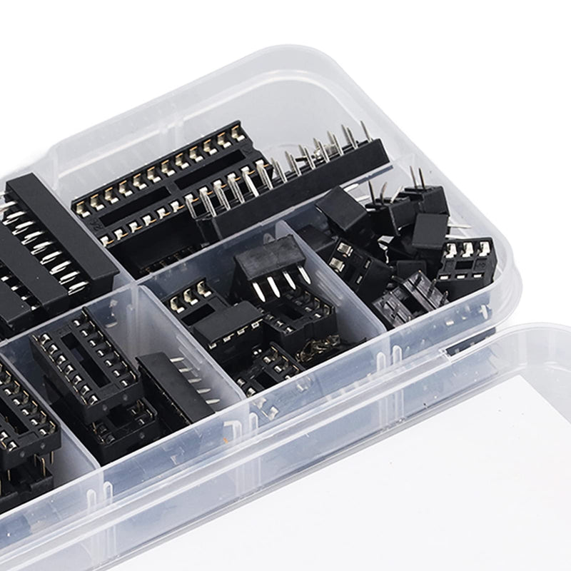 66Pcs 6P to 28P Insulating Plastic IC Chip Socket, Black Flat Pin IC Assortment Kit Circuit Components for Installation on PCB Boards and Circuit Boards
