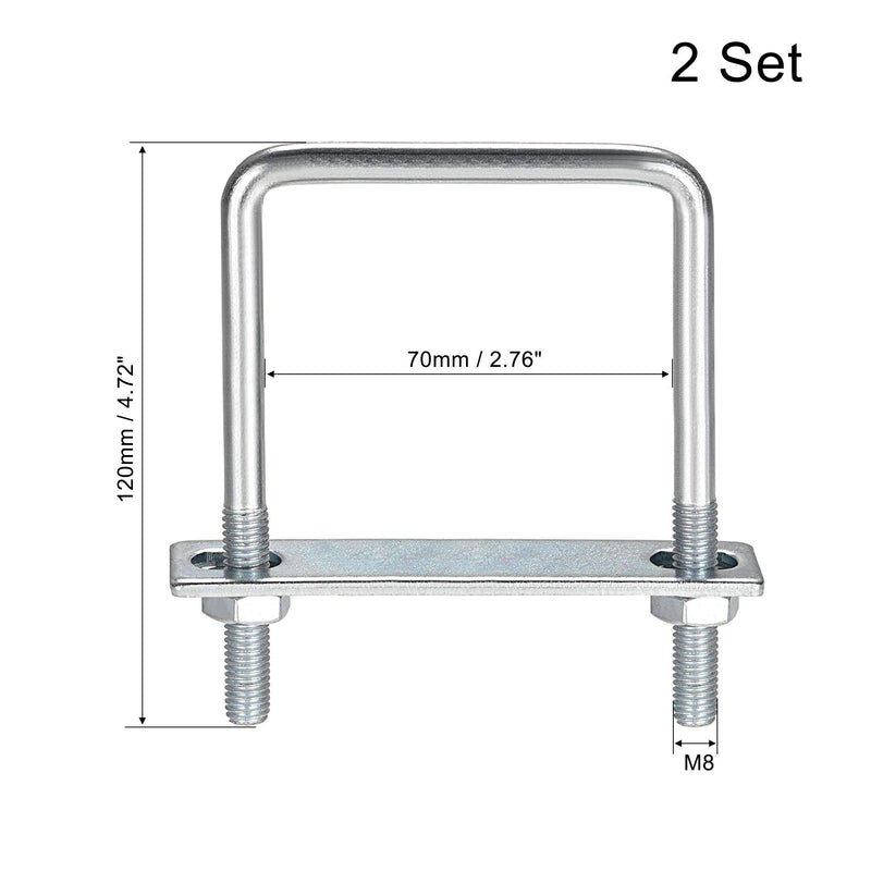 uxcell Square U-Bolts 2-3/4"(70mm) Inner Width Carbon Steel M8 with Nuts, Frame Plate, Round Washers 2 Set 70x120mm(W*L)
