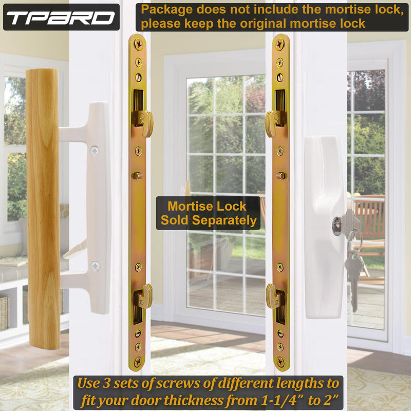 Sliding Glass Patio Door Handle Set with Key Cylinder, Fit for 45° Mortise Latch Lock Not Included, Oak Wood Inside Handles and Zinc Diecast Outside Pull, 3-15/16" Hole Spacing, White