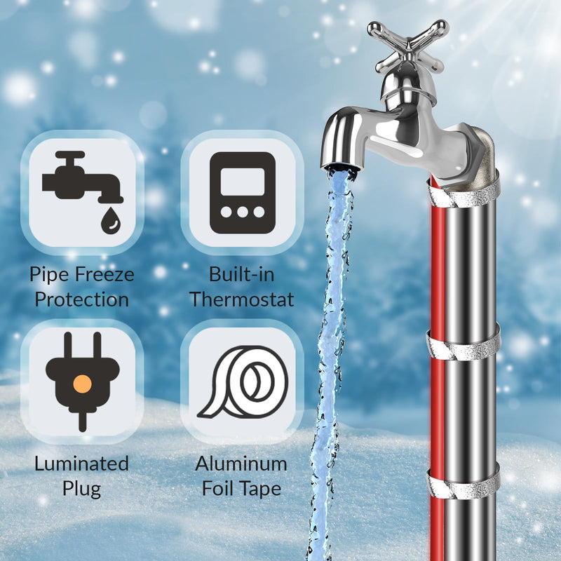 Anti-Freeze Heat Trace for Pipes, Heat Tape for Water Pipe Freeze Protection with Thermostat Electric Pipe Heating Trace System for Home Supply Pipes 120V, 7 Feet Red 7-Feet