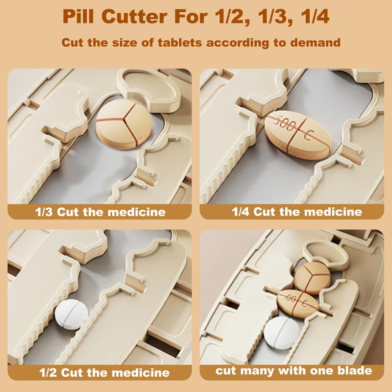 Adjustable 1/4 Pill Cutter Splitter, 1/2 & 1/3 Pill Splitter for Small and Tiny Pills, Hidden Sharp Blade & Dual Fixation Fit for Vitamins, Oval, Long Tablet