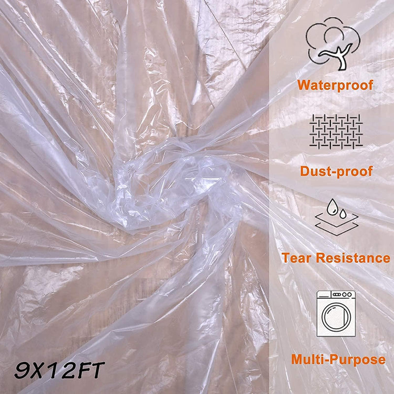 Clear Plastic Sheeting Drop Cloths for Painting, 5 Pcs 9x12ft Plastic Tarp Waterproof Dustproof Almost Tear Resistance Multi-Purpose Furniture Cover Floor Wall Protection Film White