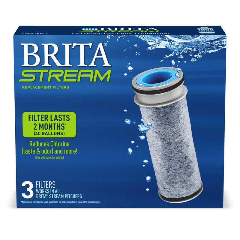 Brita Stream Pitcher Water Filter for Pitchers and Dispensers, BPA-Free, Replaces 1,800 Plastic Water Bottles a Year, Lasts Two Months or 40 Gallons, Includes 3 Filters Stream Filter, 3ct