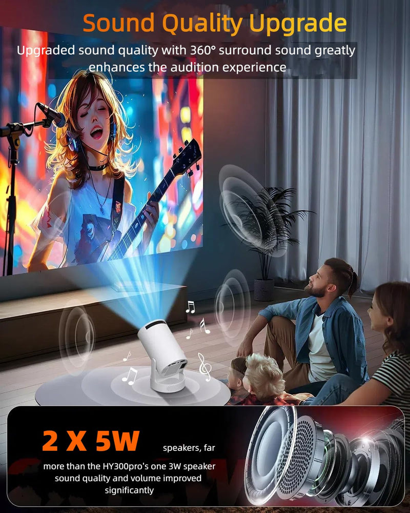 Portable Mini HY300 Pro HiFi Speaker Android TV Projector with WiFi and Bluetooth - 1080P FHD, 2x5W Speaker 360° Stereo Sound, WiFi6, Auto Keystone, Bluetooth 5.4, Compatible with Android/iOS/USB/HDMI