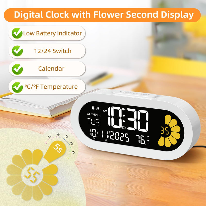 DOOMAY Digital Alarm Clock for Bedroom: Dual Alarm Bedside Clock VA LCD Display with Seconds, 9-Minute Snooze and Weekend Mode, 3 Brightness, 4 Alarms and 3 Volume Levels，Type C & Battery Included White