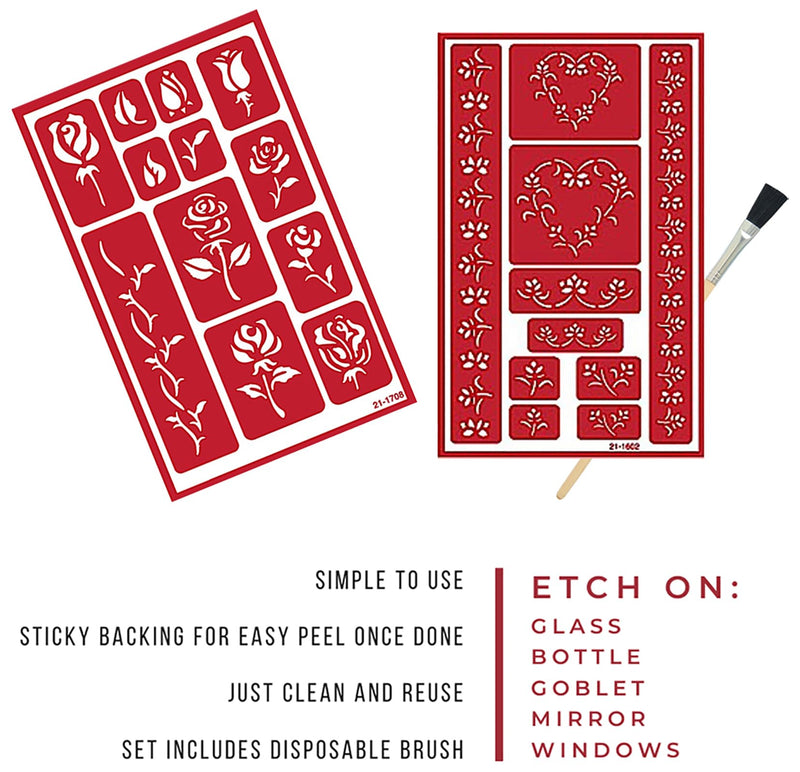 2 Reusable Glass Etching Stencils - Rose and Hearts Themed Etch Stencil - Wedding, Romantic, Love, Floral Heart, Roses Theme Design - Set Includes Brush
