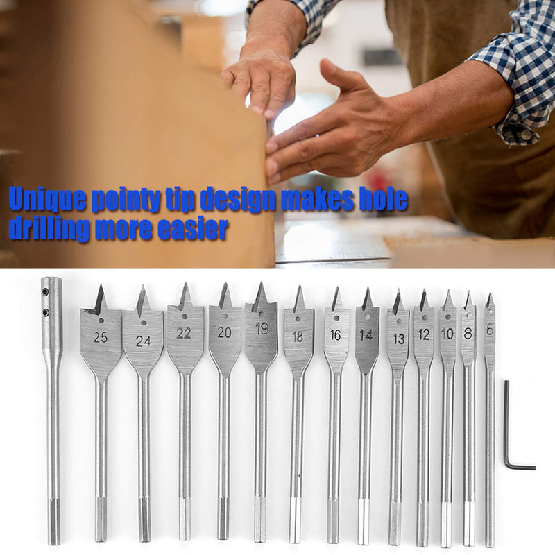 15pcs Flat Wood Drill Bits, Carbon Steel Hex Shank Spade Flat Wood Drill Bit Set 6‑25mm for Wood Drilling Power Tools