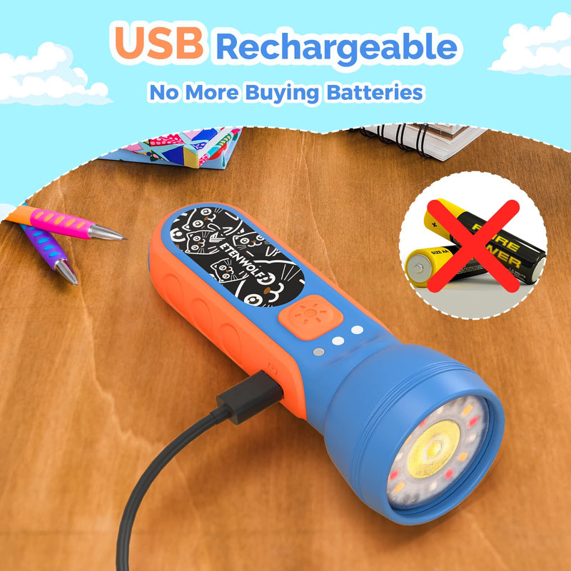 ETENWOLF L1 Rechargeable Flashlight for Kids(2-Pack),LED Flashlight with Fun DIY Stickers, 6 Light Modes, Adjustable Brightness, 1500mAh, IPX5 Waterproof Flashlight for Camping, Home & Emergency 2