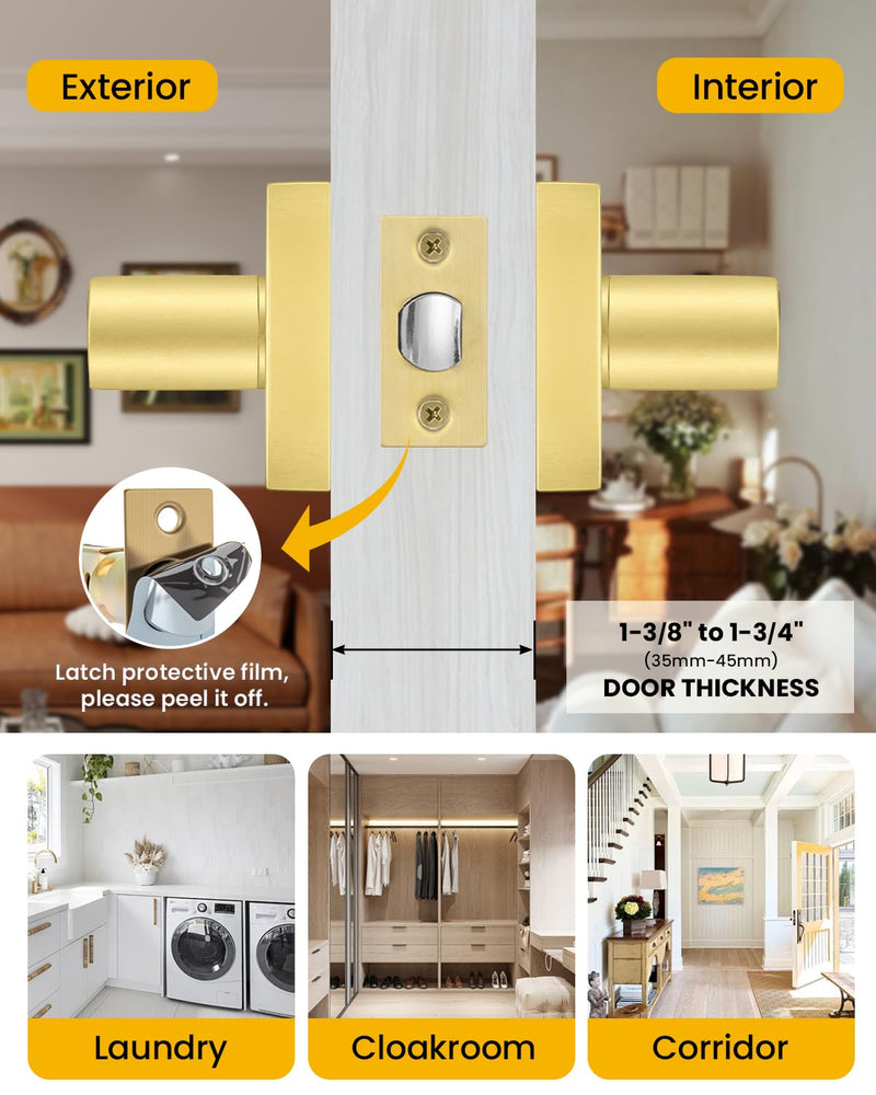 Goldenwarm Brushed Gold Passage Door Handles 1 Pack, Modern Zinc Alloy Interior Door Levers Keyless Non-Locking Passage Handleset for Hallway and Closet, Reversible Heavy Duty Lever Door Hardware