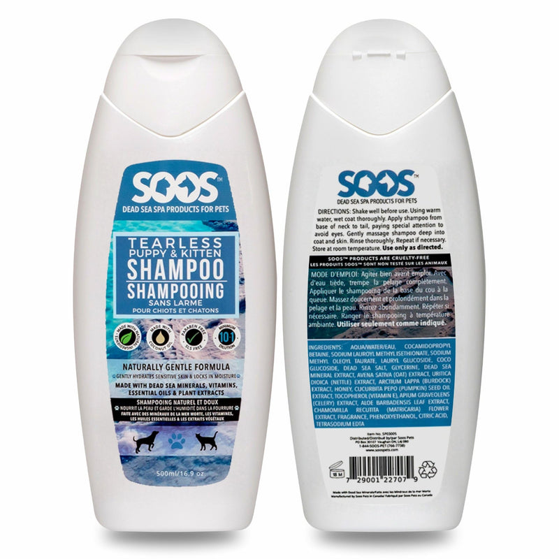 Soos Pet Tear-Less Shampoo for Puppies and Kittens | Natural Dead Sea Minerals | Fast Absorbing, Moisturizing, Gentle Skin Care | Vitamins & Essential Oils for Sensitive Skin - 500ml - PawsPlanet Australia