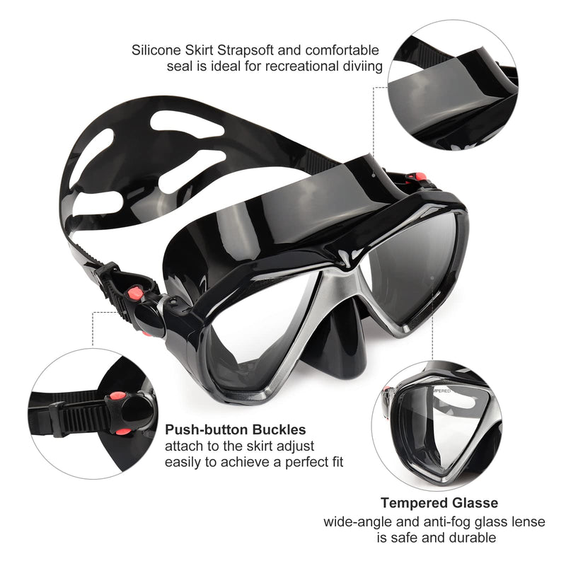 Snorkel Diving Mask Panoramic HD Swim Mask, Anti-Fog Scuba Diving Goggles,Tempered Glass Dive Mask Adult Youth Swim Goggles with Nose Cover for Diving, Snorkeling, Swimming Black 2 Pack