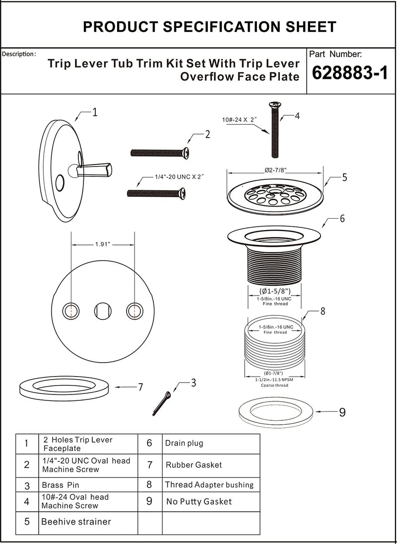 Matte Black Trip Lever Tub Trim Kit Set with Trip Lever Overflow Face Plate, No Putty Gasket,Trip Lever Bathtub Drain with Strainer, Overflow and Matching Screws, No Putty Installation by Artiwell Matt Black