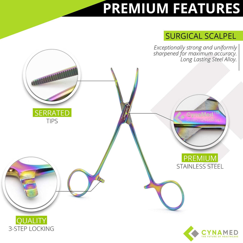 Cynamed Set of 2 Artzone Multi Color Hemostat Forceps with Serrated Jaws, Stainless Steel Rainbow Pliers - 5 inch Small Forceps - 5 in.