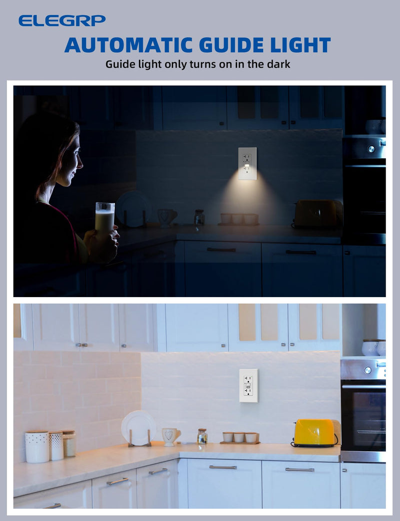 ELEGRP GFCI Outlet w/Nightlight, 20 Amp Self-Test GFI Electrical Outlet, Thinner Design, Tamper Resistant GFCI Receptacle, Ground Fault Receptacle w/Wall Plate, UL Listed, Matte White, 1 Pack 20 Amp Outlet