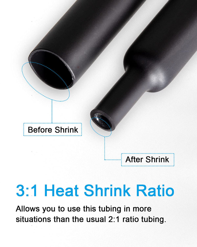 MILAPEAK 36pcs 3:1 Dual Wall Adhesive Heat Shrink Tubing, 6 Large Sizes (Diameter): 1.5, 1.25, 1, 3/4, 1/2,1/4-inch, Marine Glue Lined Cable Sleeve, Electrical Wire Wrap Protector for DIY (Black) 36 pcs 6 Sizes Black