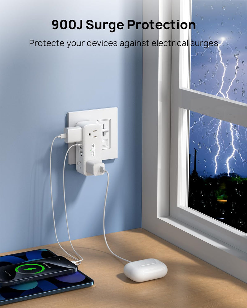 TROND Outlet Extender Surge Protector, 6 AC Outlet Splitter with 360° Rotating Plug, Multi Plug Adapter with PD 20W USB C, 900J, 2 USB-A & 2 USB-C, 3 Way Wall Extension Adapter for Home Office Travel 6A2U2C - PD20W - 1 PACK