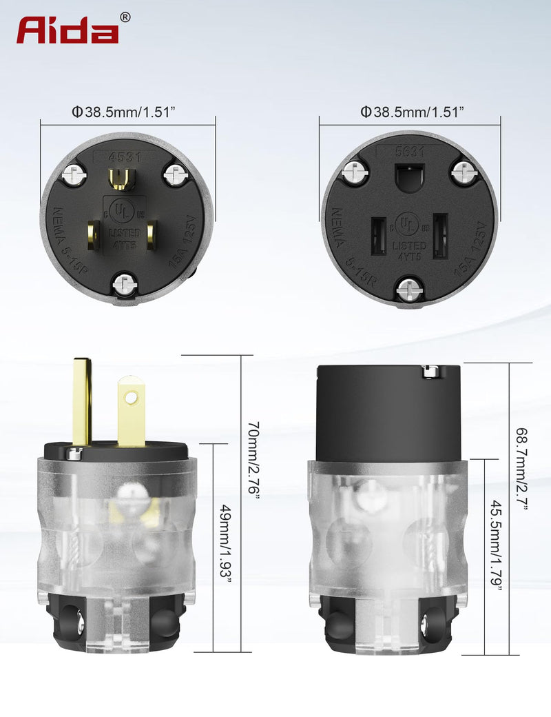 AIDA Lighted Plug and Connector Set, Straight Blade Cord End Replacement, 15 Amp 125Volt, NEMA 5-15P & NEMA 5-15R, 2 Pole 3Wire Grounding, Black, 1 Set