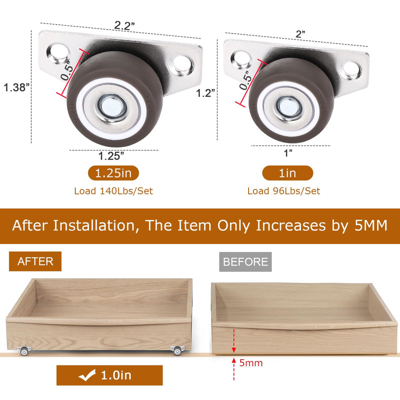 1Inch 8Pcs Mini Low Profile Casters, Small Side Mount Drawer Caster Wheels, Rigid Casters Wheels for Furniture, Underbed Drawers, Trays, DIY Project, Load 24Lbs/Each 8 1.0 Inch Wheel