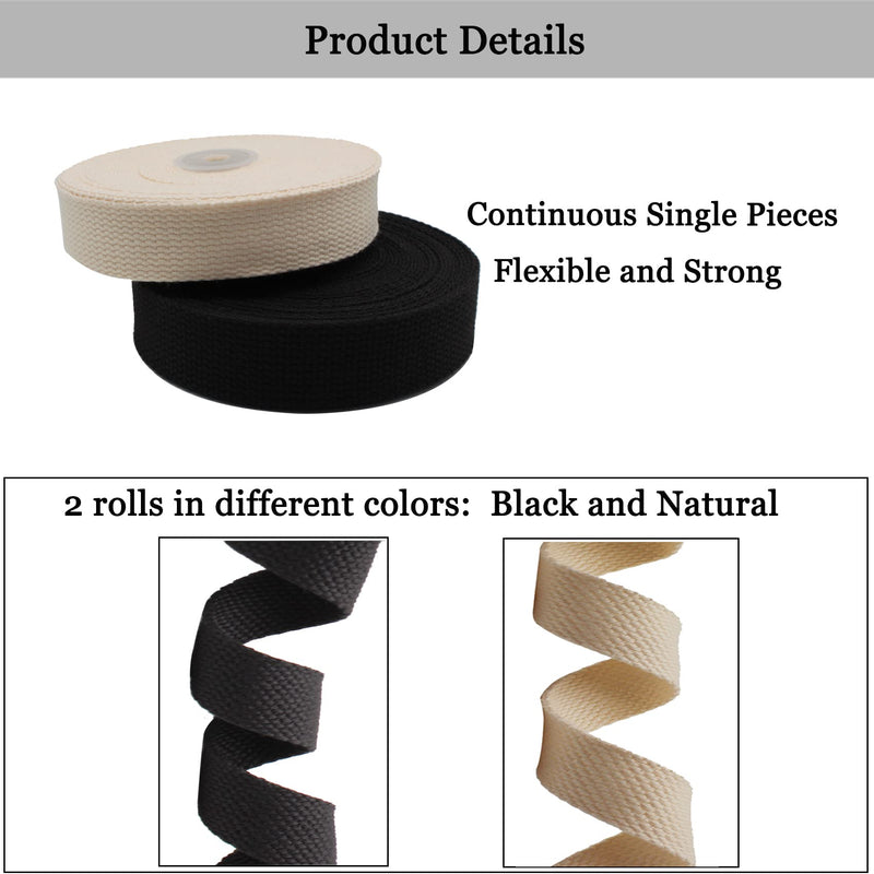 Cotton Webbing 1 Inch 2 Rolls/ 20 Yards Webbing Straps for Webbing Bag Handles, Bag Strap,Tote Bag Webbing,Cloth Belt,Arts and Crafts (Black, Natural) Black, Natural