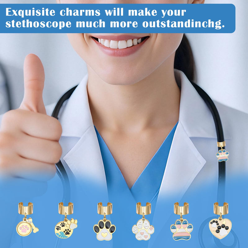6 Pcs Alloy Stethoscope Charms Personalized Stethoscope Jewelry Unique Gifts for Nursing Students Doctor Surgeons Veterinarians and Medical Assistant(Paw) Dog Paw