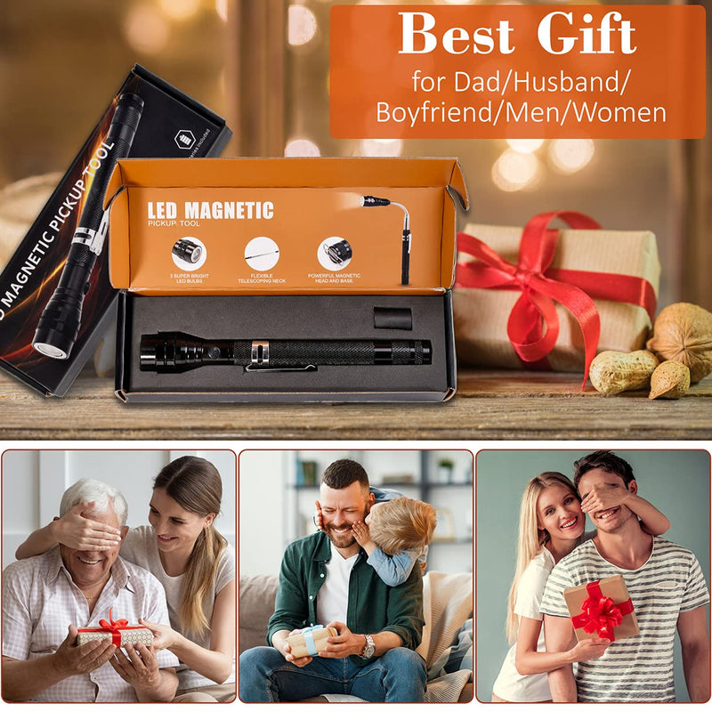 Magnetic Flashlight Gifts for Men Stocking Stuffers for Men Adults Pickup Tool Valentines Day Gifts for Him Husband Cool Telescoping Gadgets with LED Fathers Day Dad Gifts from Wife Daughter Son Black