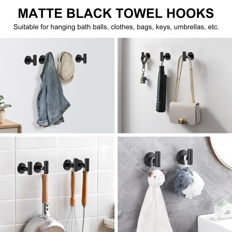 SetSail Towel Hooks for Bathrooms 4 Packs Matte Black Bathroom Towel Hook Wall Mounted 304 Stainless Steel Shower Towel Hooks for Coat Hanging, Drill Hole 4 Pack