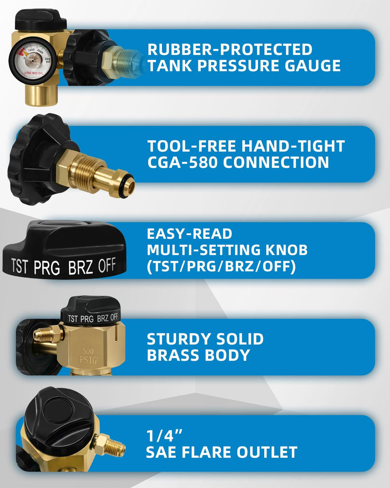 VN-500 Nitrogen Purge Control Valve Regulator w/500 PSI Flow Meter 4-Position Flow Control (TST/PRG/BRZ/OFF) Heavy-Duty Brass Body Hybrid Design Nitrogen Purging Regulator for Leak Testing