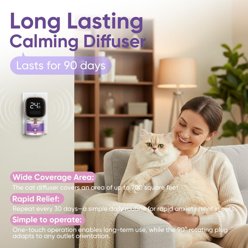 Cat Calming Diffuser Kit with Timer And Memory Adjustable 4/8/12/24H Cat Pheromone Diffuser 3-Pack (48ml Each) Helps Reduce Stress, Spraying, Fighting, Excessive Meowing & Scratching Fits All Cats Beige