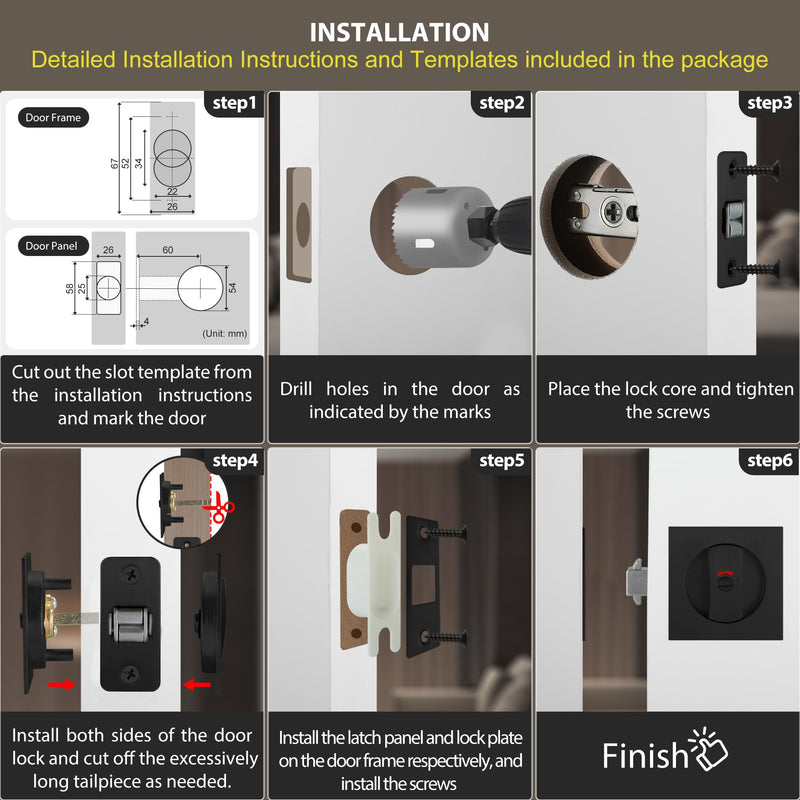 Malimali Pocket Door Lock, Matte Black Pocket Door Hardware Square Door Lock with Red-Green Indicators for Privacy Sliding Door Bifold Door Locks and Pulls Handles Privacy (Indicator) -Square