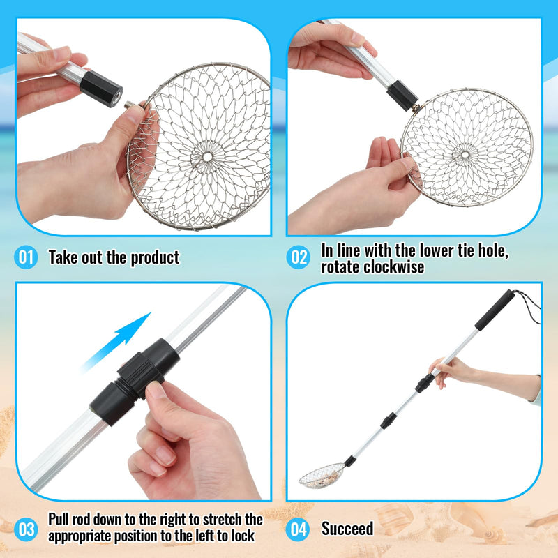 Roshtia 2 Pcs Sand Sifter for The Beach, 22"-33"/17"-36" Shell Scooper Adjustable Beach Shark Tooth Sifter Sand Shovel with Retractable Long Handle for Picking Collecting(5.5", 22"-33" Handle) 5.5", 22"-33" Handle