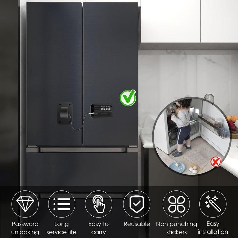 4 Pack Refrigerator Lock, Heavy Duty Refrigerator Locks Kit with Password, Drill-Free Childproof Cabinet Fridge Locks, Safety Freezer Combination Lock for Refrigerator Cabinets Drawers Window, Black Black - 4 Pack