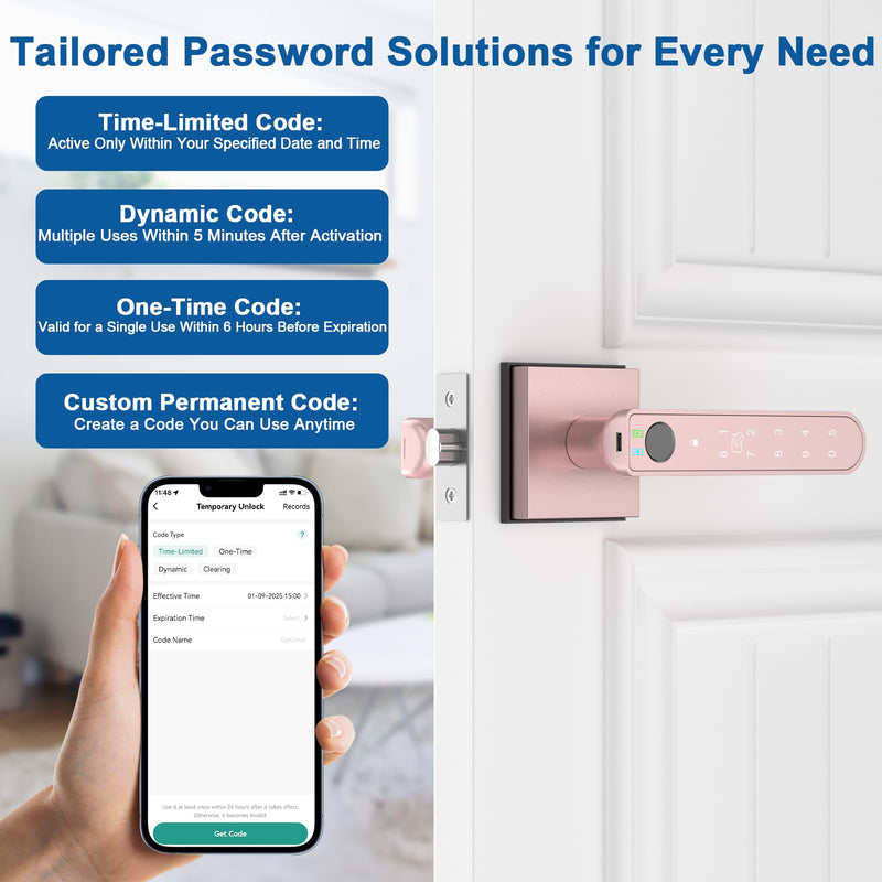 Fingerprint Door Lock, 5 in 1 Finger Print Door Knob with Smart APP/Fingerprint/IC Cards/Password/Backup Keys, Smart Door Knob with Keypad for Bedroom, Office, Apartment, Rose Gold